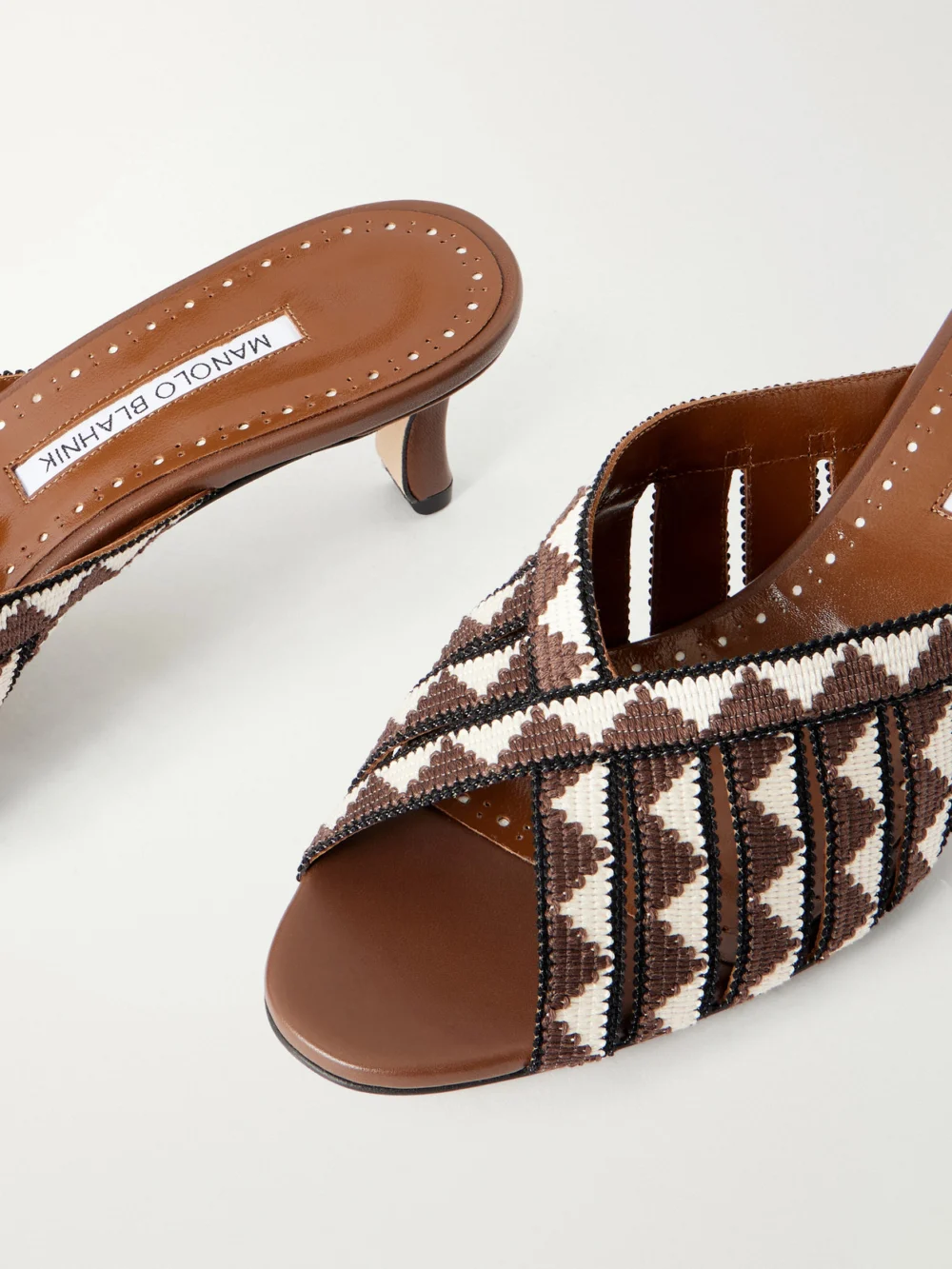 Close-up detail of the Manolo Blahnik Trofesamu 50 Woven Leather Mules