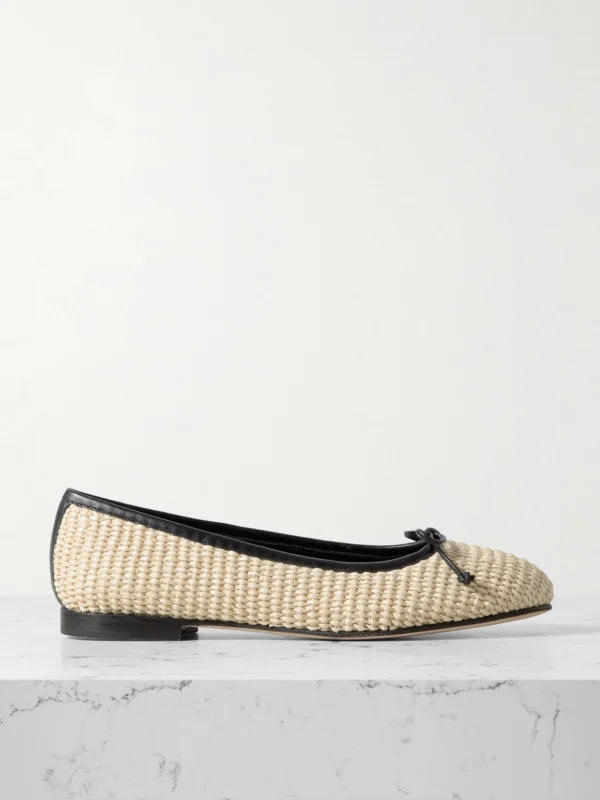 Manolo Blahnik Veralli Leather-trimmed Raffia Ballet Flats