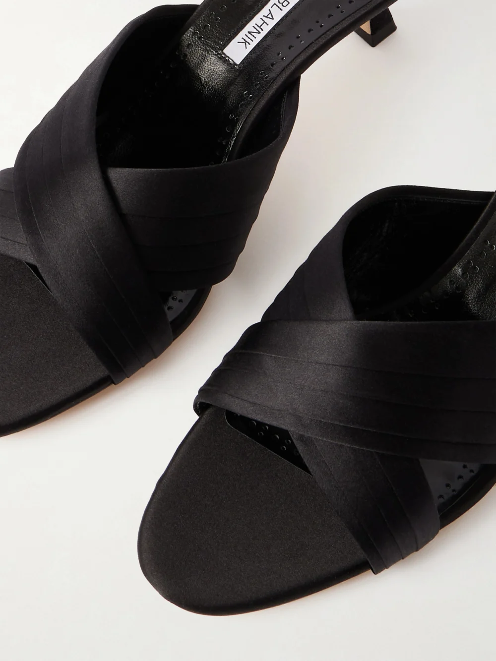 Close-up detail of the Manolo Blahnik Viera 50 Satin Mules