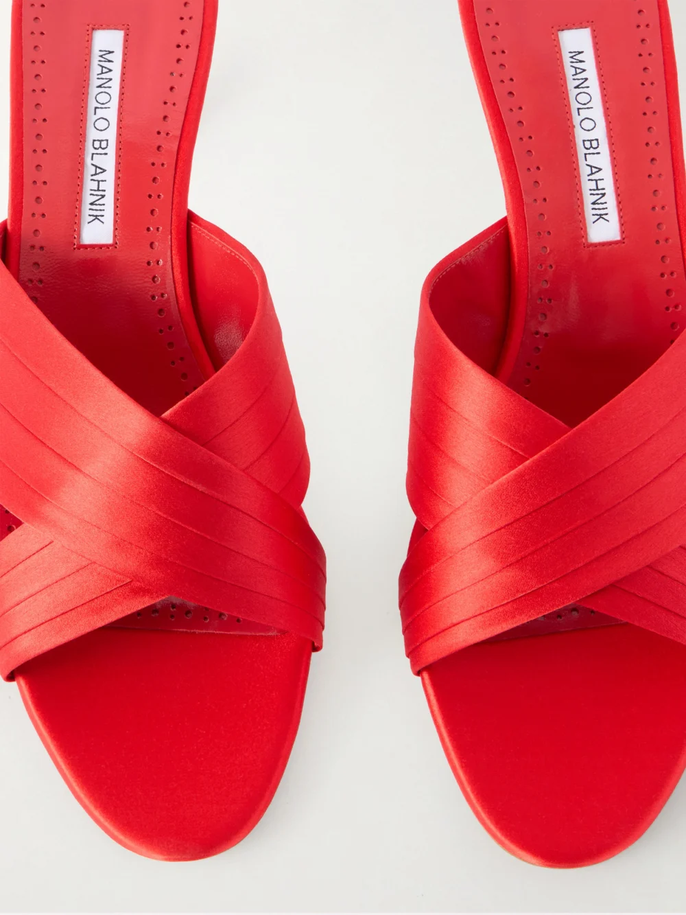 Close-up detail of the Manolo Blahnik Viera 50 Satin Mules