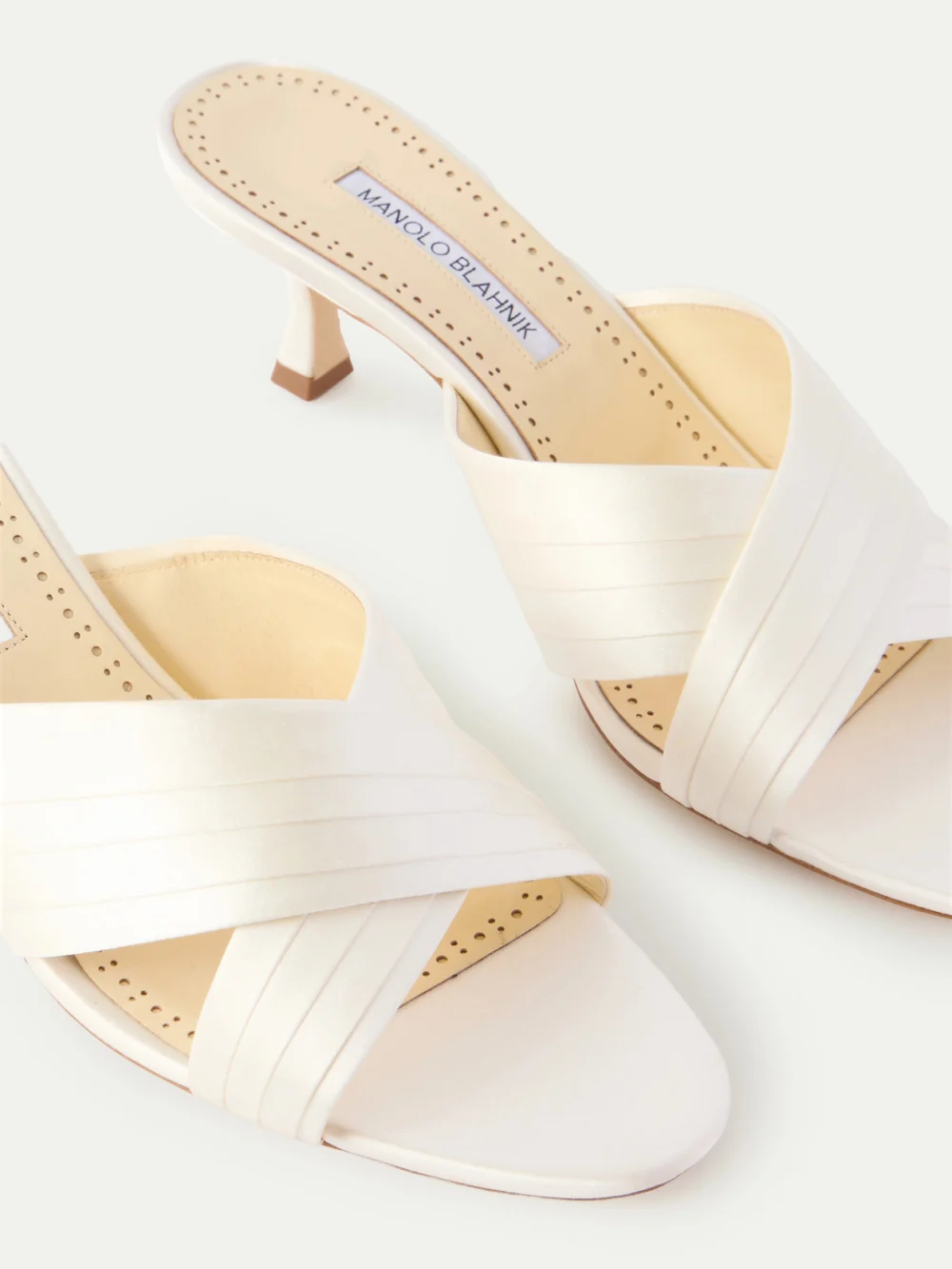 Close-up detail of the Manolo Blahnik Viera 50 Satin Mules
