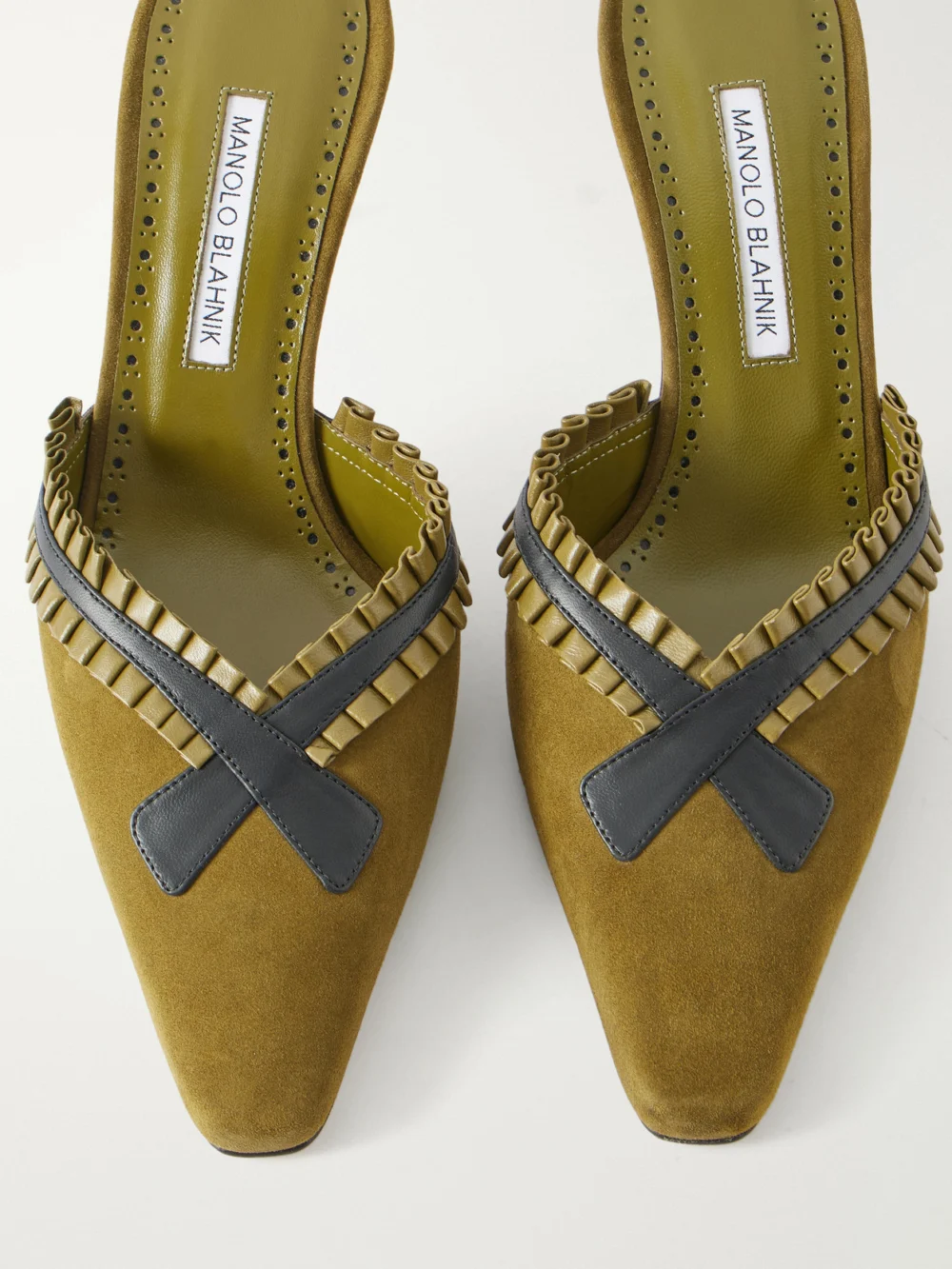 Close-up detail of the Manolo Blahnik Voluptia 70 Embellished Suede Mules