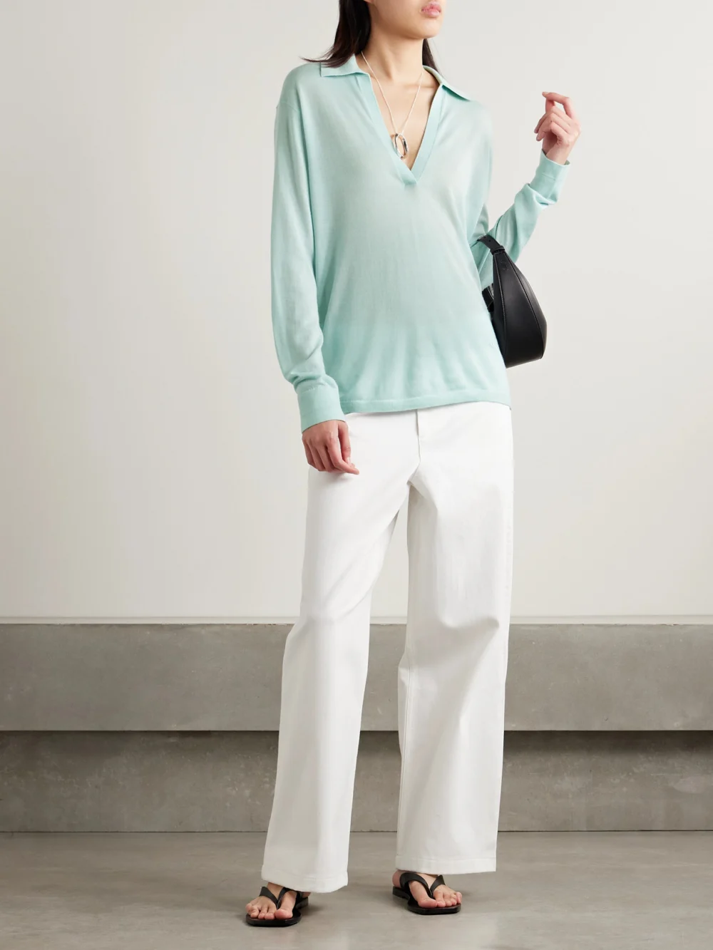 Maria McManus Cashmere Polo Top, worn by a model