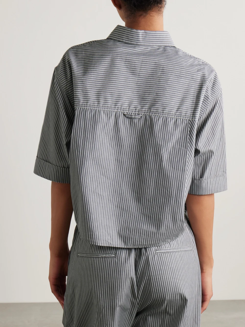 Back view of the Maria McManus Cropped Striped Organic Cotton Shirt