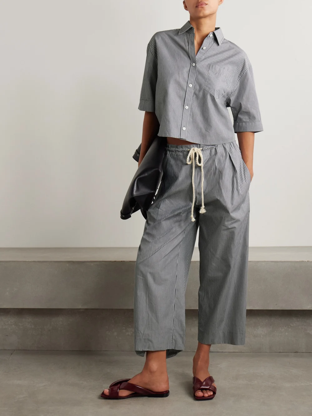 Maria McManus Cropped Striped Organic Cotton Shirt, worn by a model