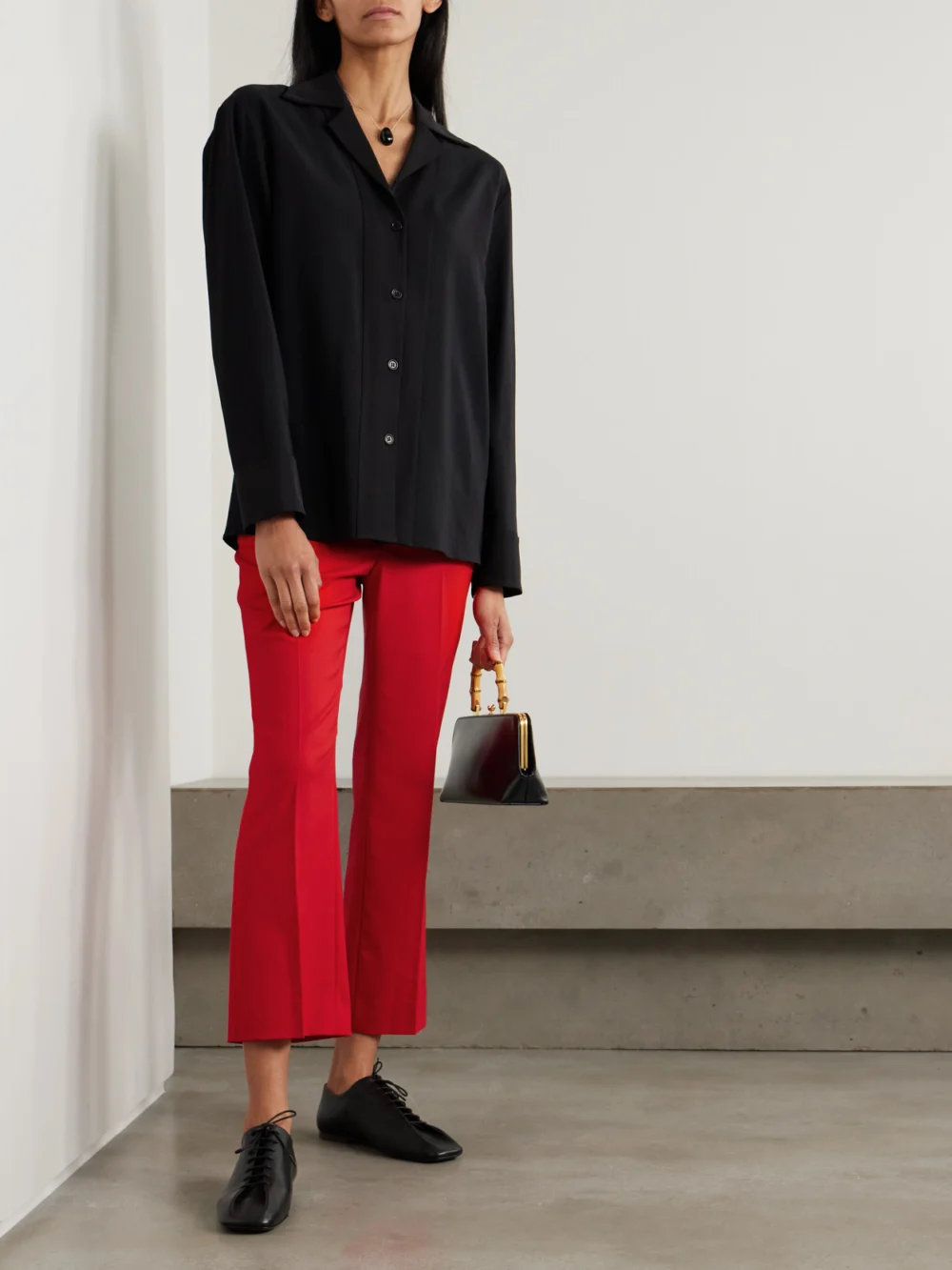 Maria McManus Cropped Wool-blend Crepe Flared Pants, worn by a model
