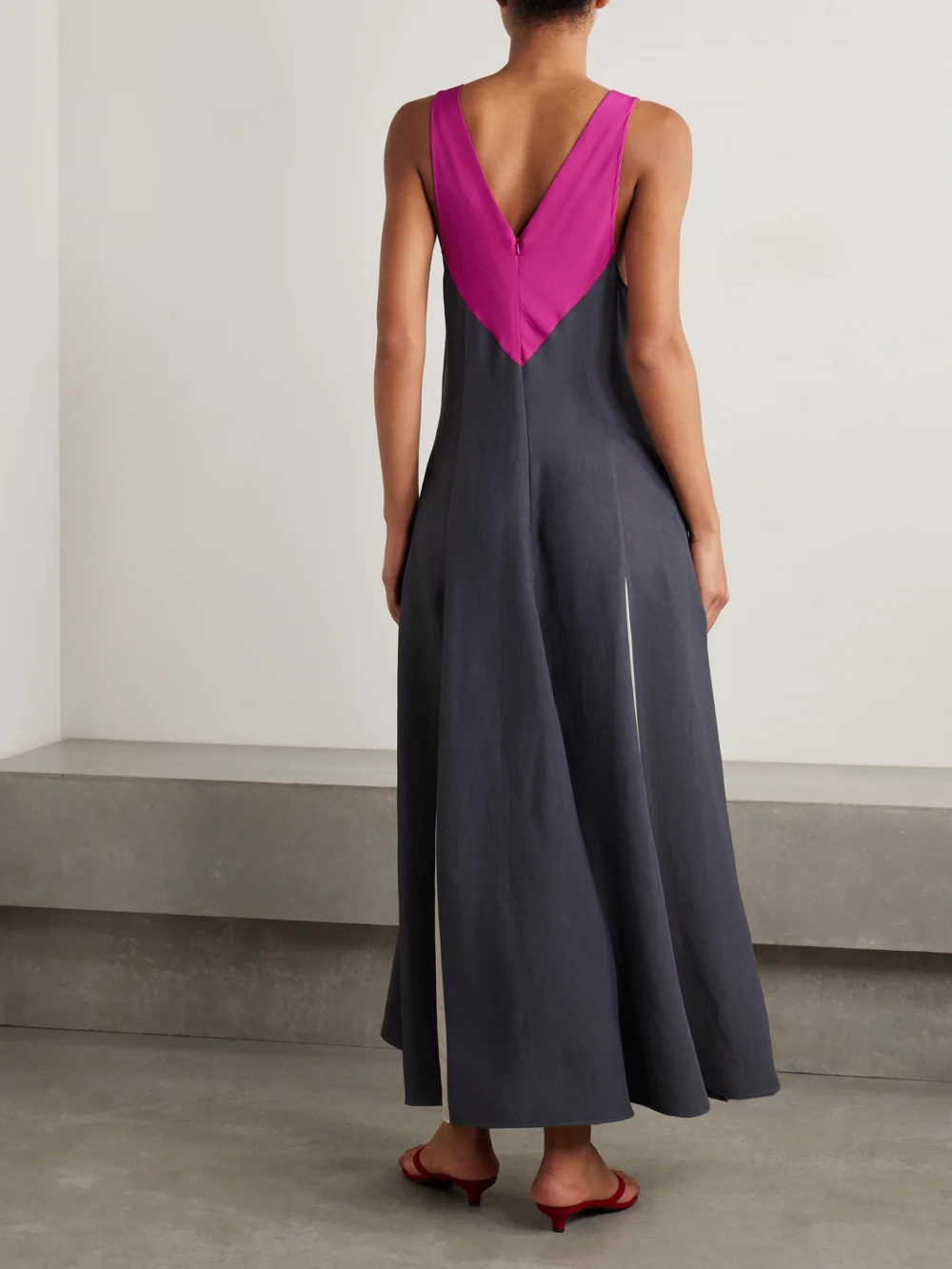 Back view of the Maria McManus Paneled Twill, Crepe De Chine and Satin Maxi Dress
