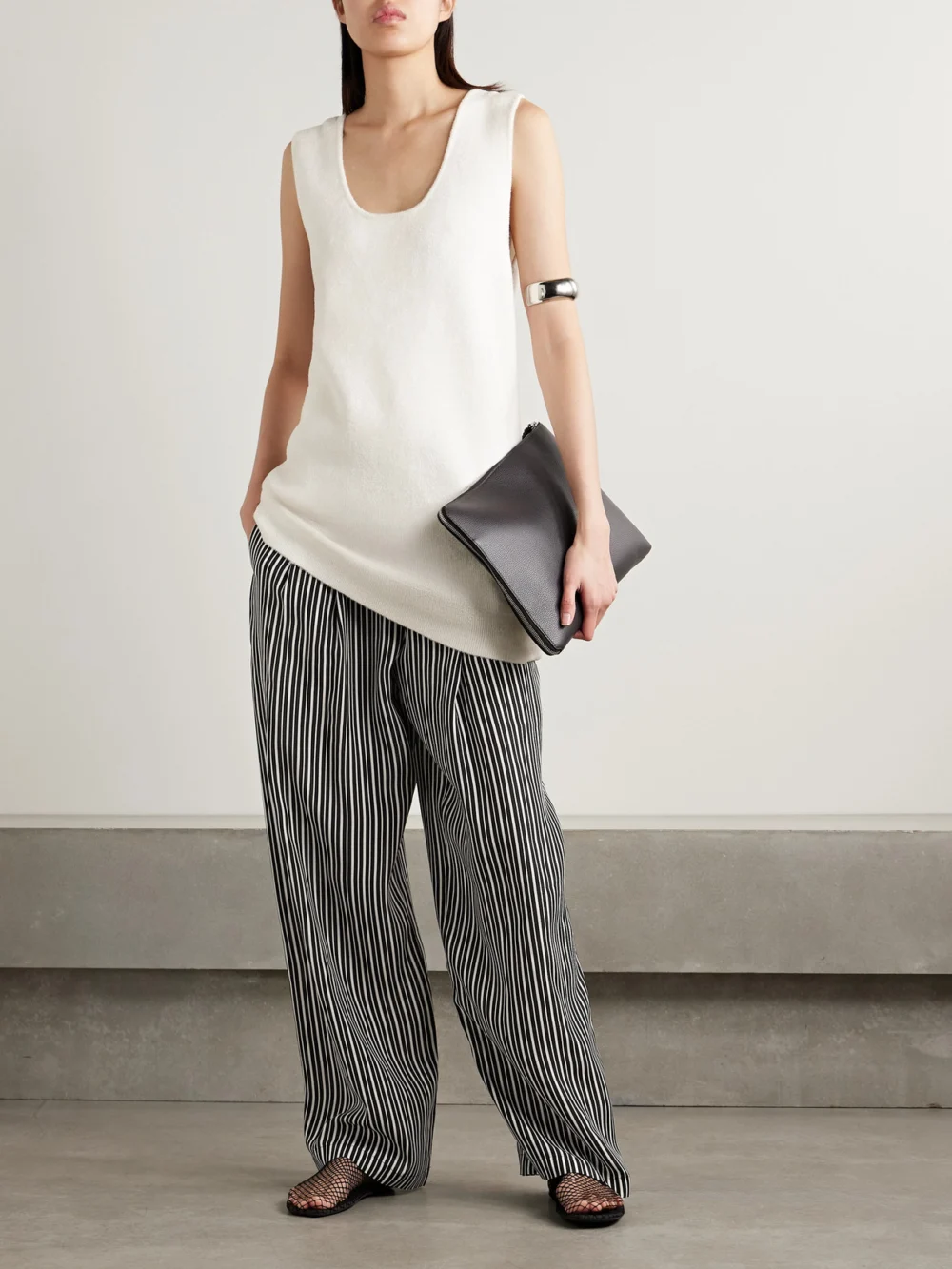 Maria McManus Pleated Striped Recycled-crepe De Chine Straight-leg Pants, worn by a model