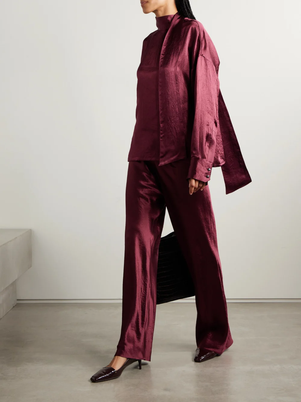 Maria McManus Scarf-detailed Crinkled-satin Blouse, worn by a model