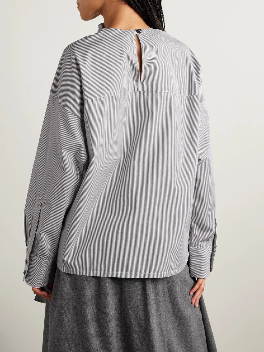 Back view of the Maria McManus Scarf-detailed Striped Organic Cotton-poplin Blouse
