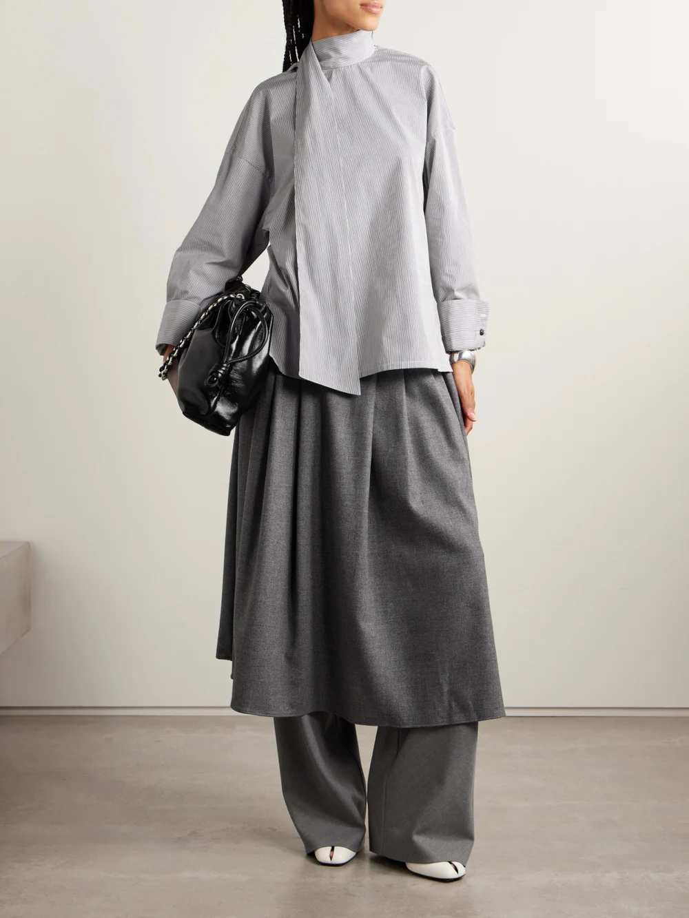 Maria McManus Scarf-detailed Striped Organic Cotton-poplin Blouse, worn by a model