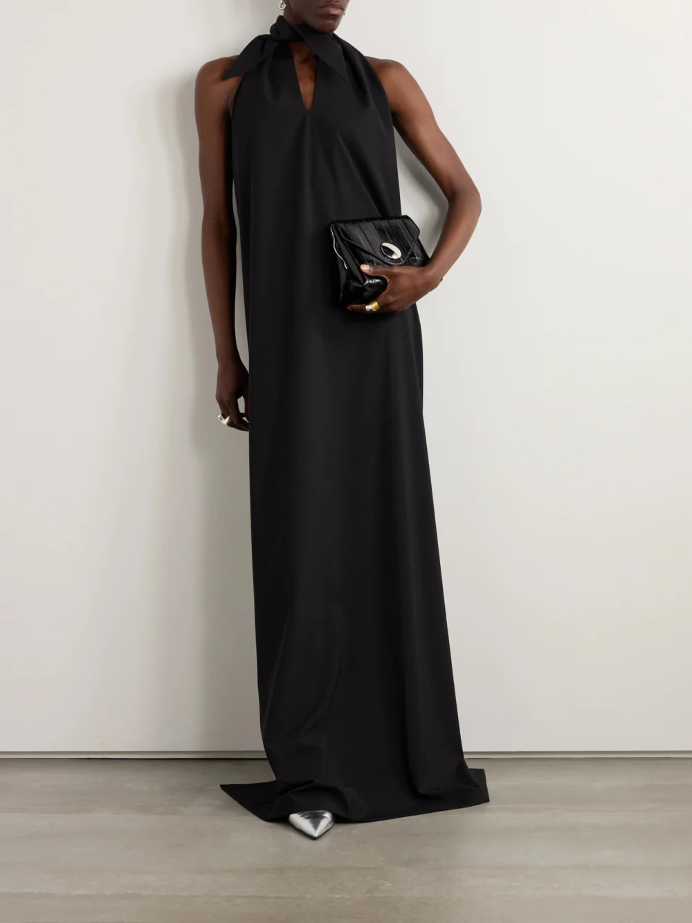 Marie Adam-Leenaerdt Cutout Wool Halterneck Maxi Dress, worn by a model