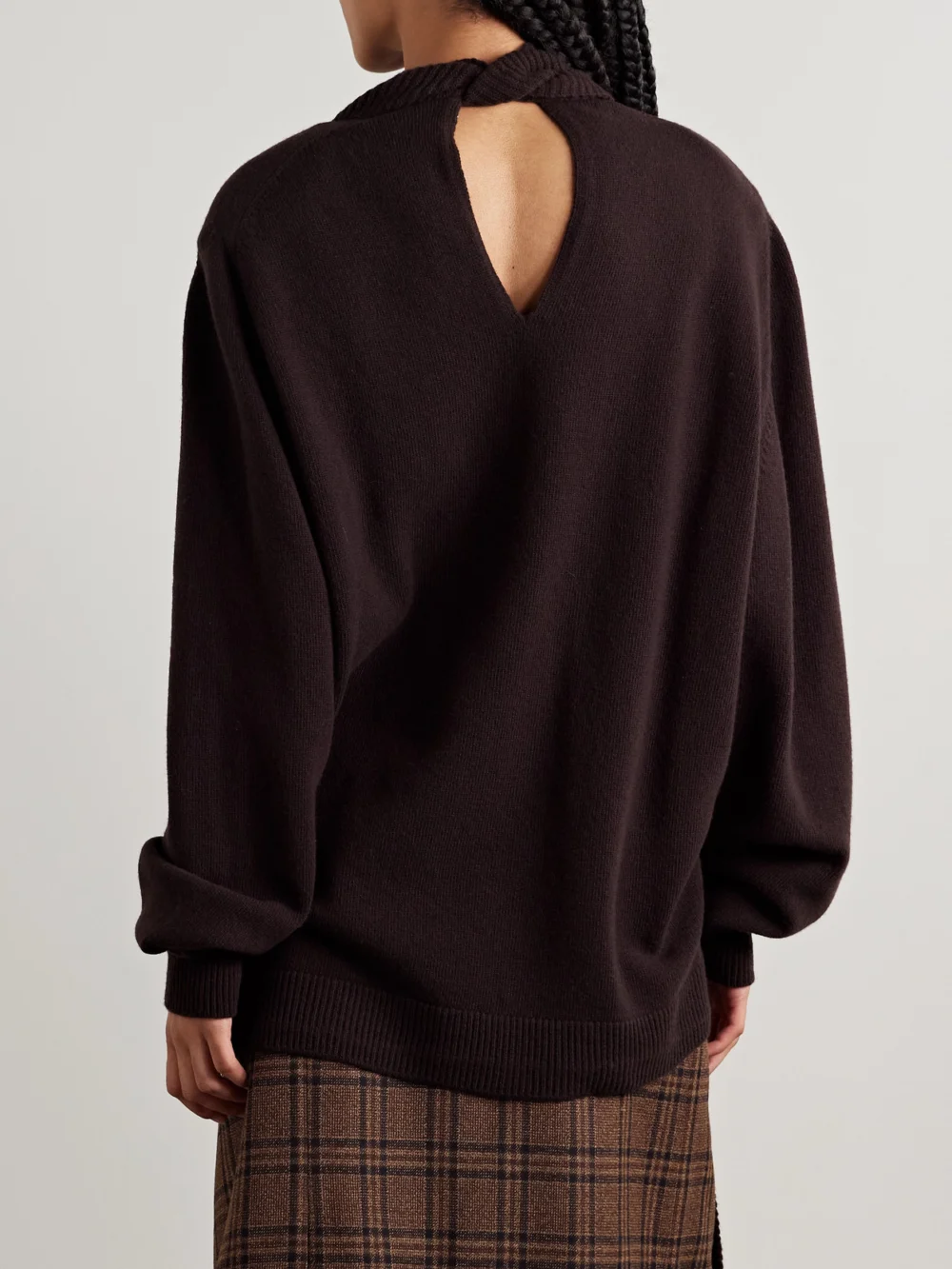 Back view of the Marie Adam-Leenaerdt Cutout Wool Turtleneck Sweater