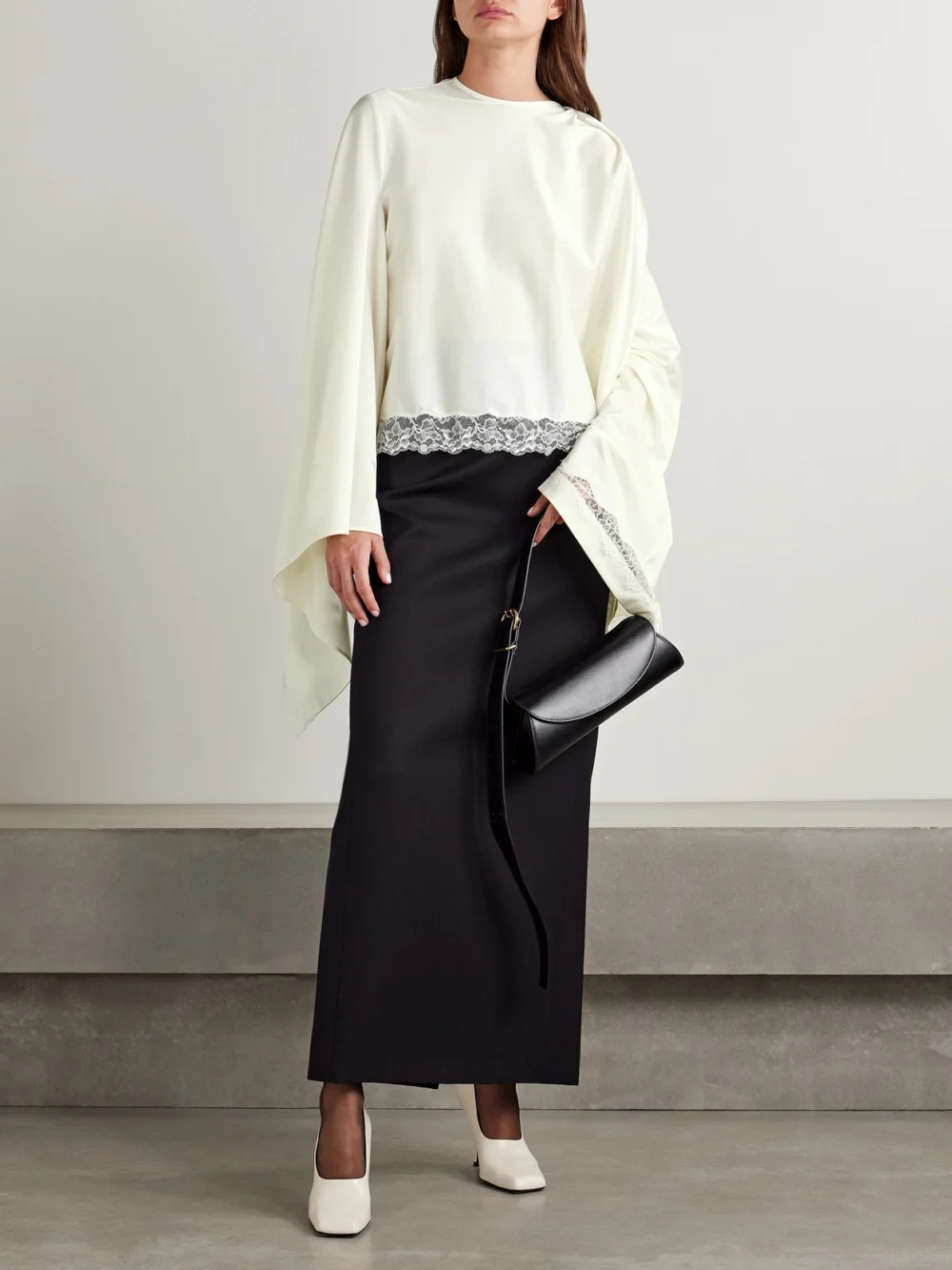 Marie Adam-Leenaerdt Lace-trimmed Satin Blouse, worn by a model