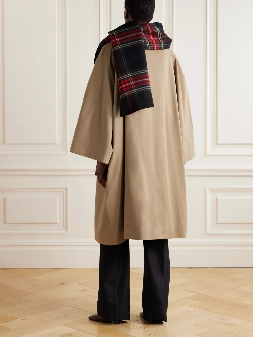 Back view of the Marie Adam-Leenaerdt Oversized Checked Scarf-detailed Cotton-gabardine Coat