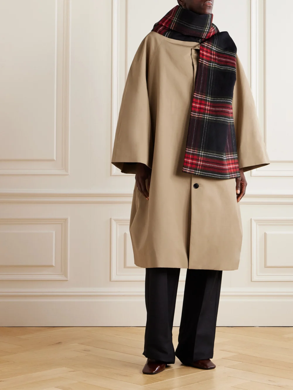 Marie Adam-Leenaerdt Oversized Checked Scarf-detailed Cotton-gabardine Coat, worn by a model