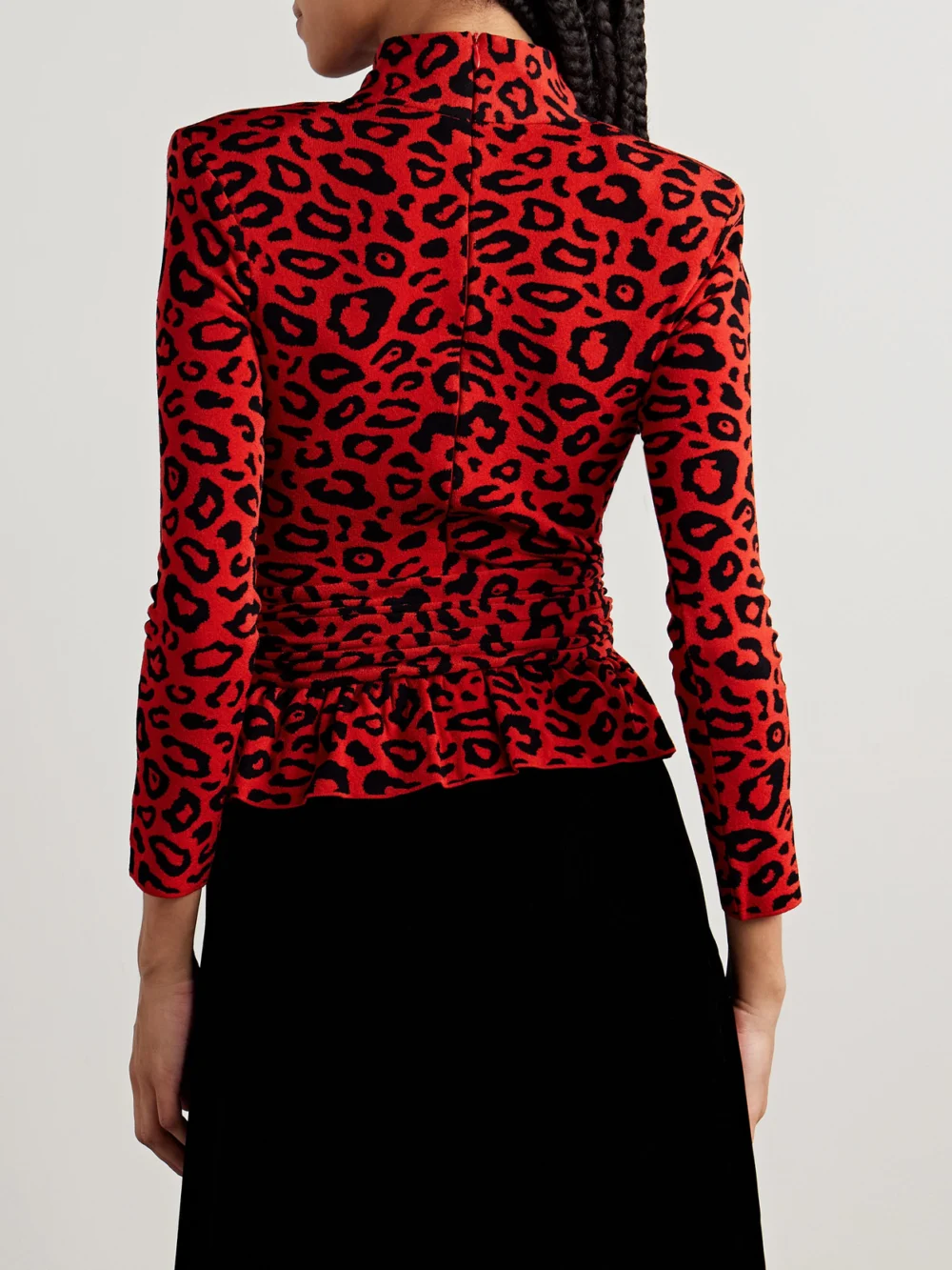 Back view of the Marie Adam-Leenaerdt Ruched Jacquard-knit Peplum Top