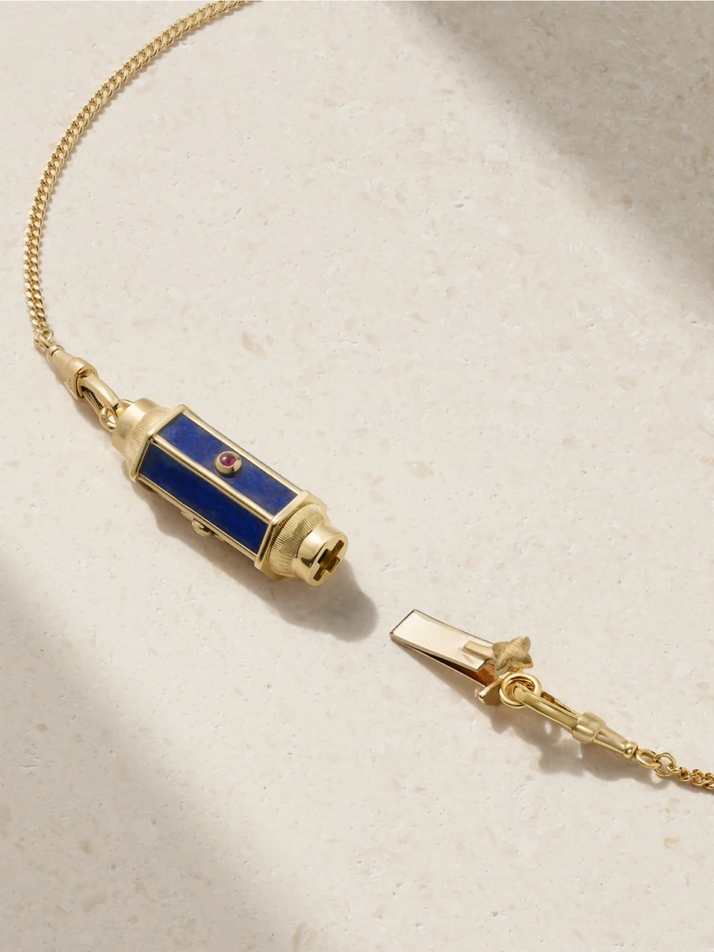 Back view of the Marie Lichtenberg Baby Locket 18-karat Gold, Lapis Lazuli and Ruby Necklace