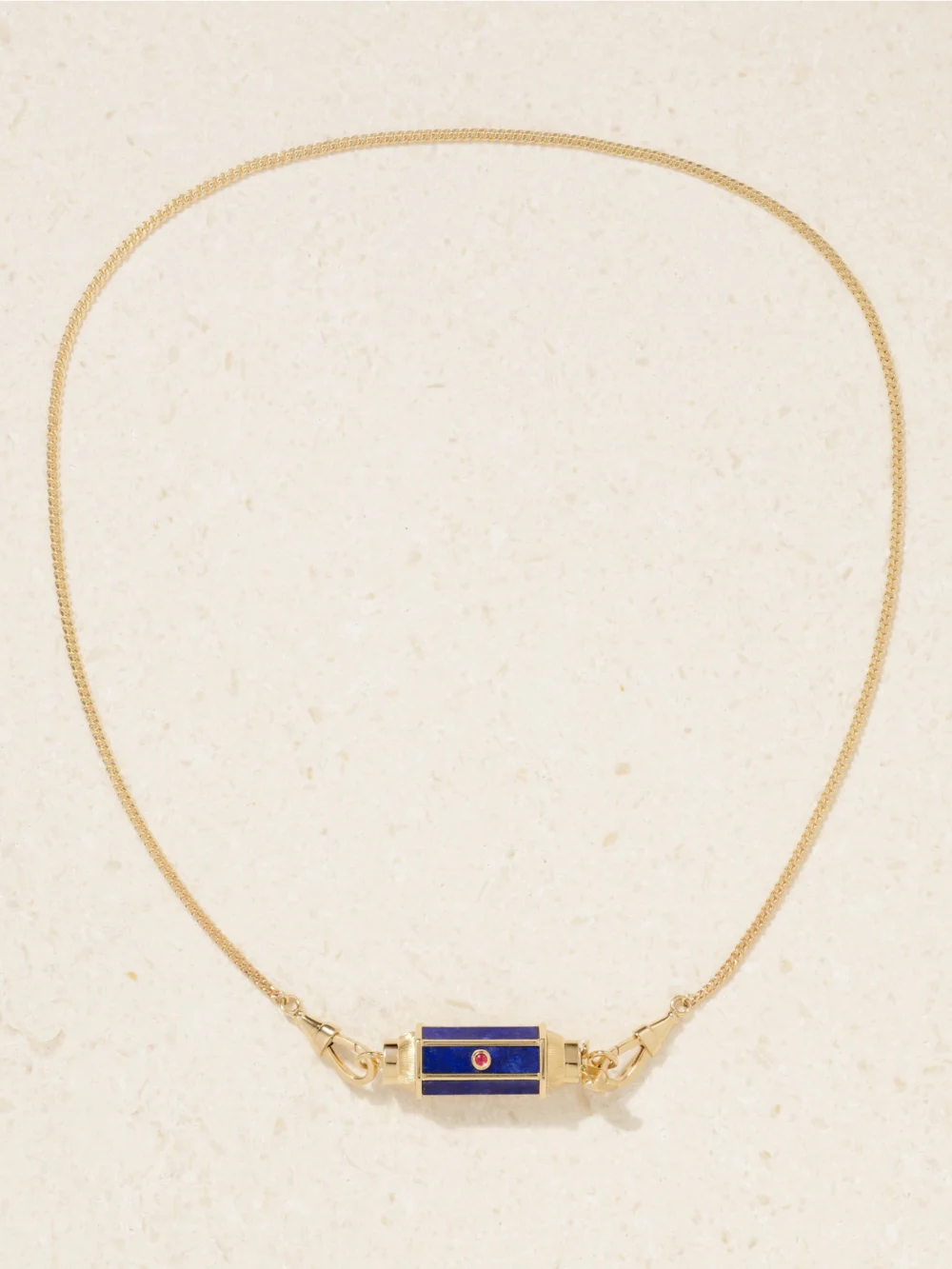 Close-up detail of the Marie Lichtenberg Baby Locket 18-karat Gold, Lapis Lazuli and Ruby Necklace