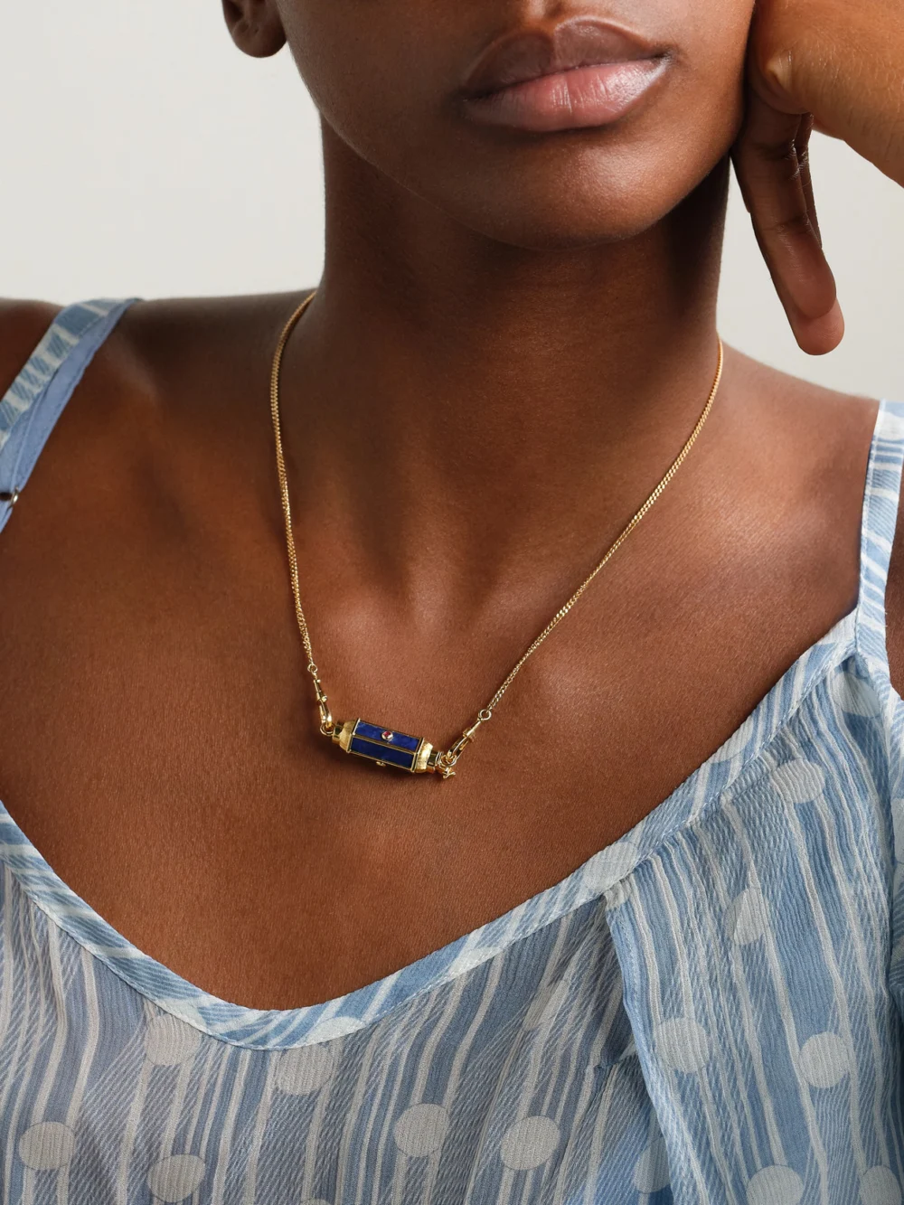 Marie Lichtenberg Baby Locket 18-karat Gold, Lapis Lazuli and Ruby Necklace, styled view