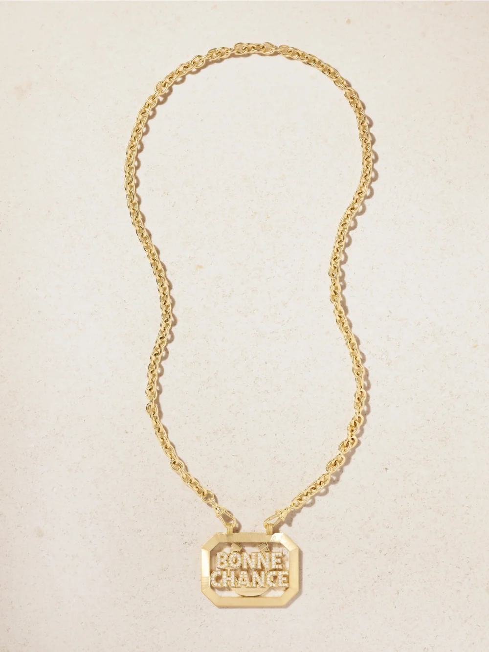 Close-up detail of the Marie Lichtenberg Bonne Chance Scapular 18-karat Gold Diamond Necklace