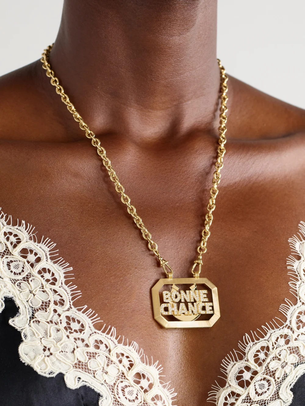 Marie Lichtenberg Bonne Chance Scapular 18-karat Gold Diamond Necklace, styled view