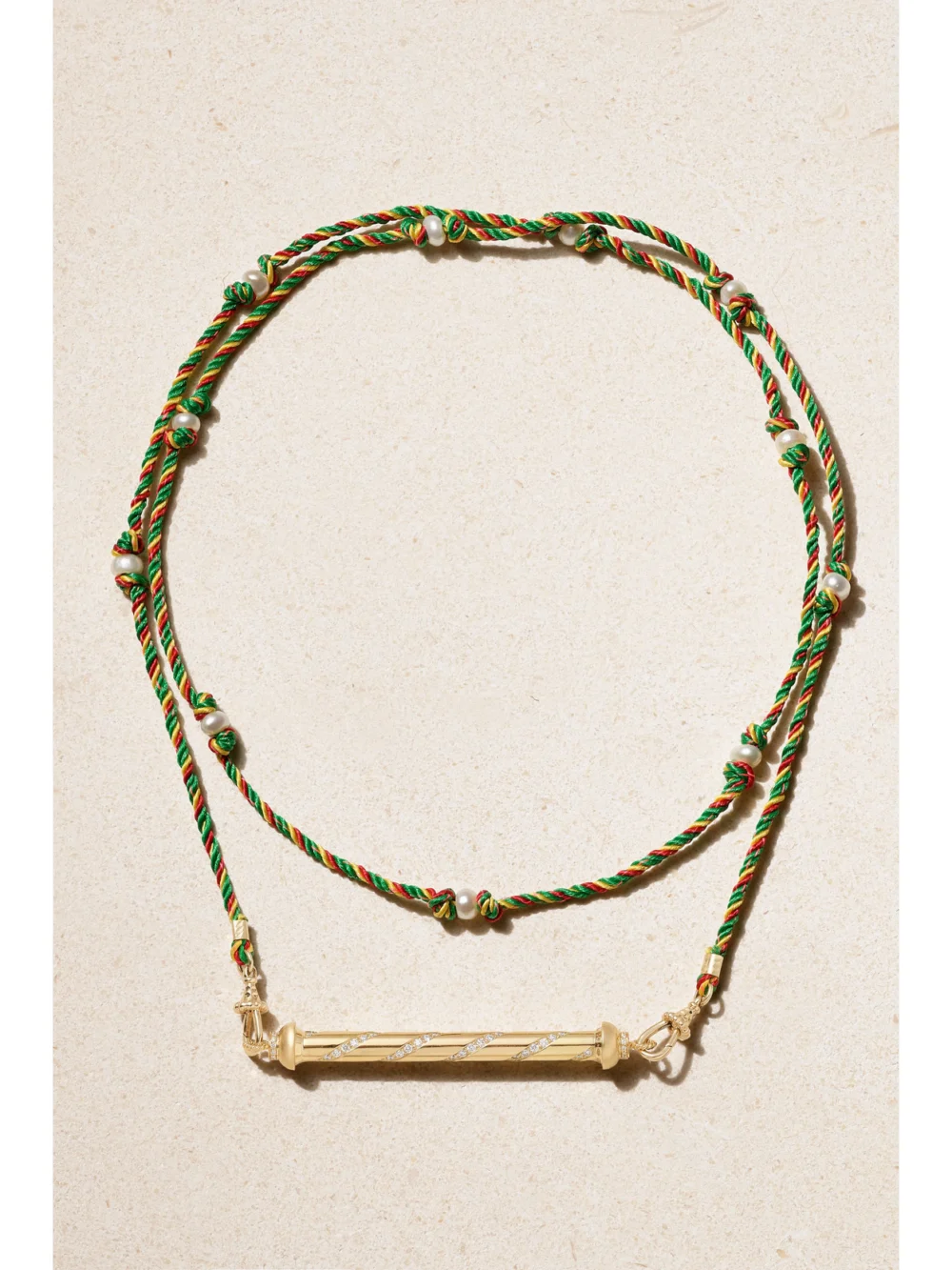 Close-up detail of the Marie Lichtenberg Candy Cane 18-karat Gold, Cord, Pearl and Diamond Necklace
