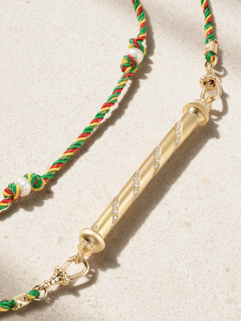 Marie Lichtenberg Candy Cane 18-karat Gold, Cord, Pearl and Diamond Necklace