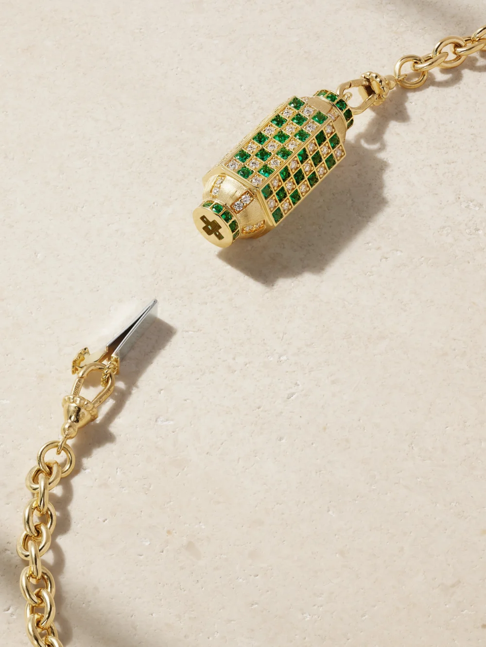 Back view of the Marie Lichtenberg Check Locket 18-karat Gold, Emerald and Diamond Necklace