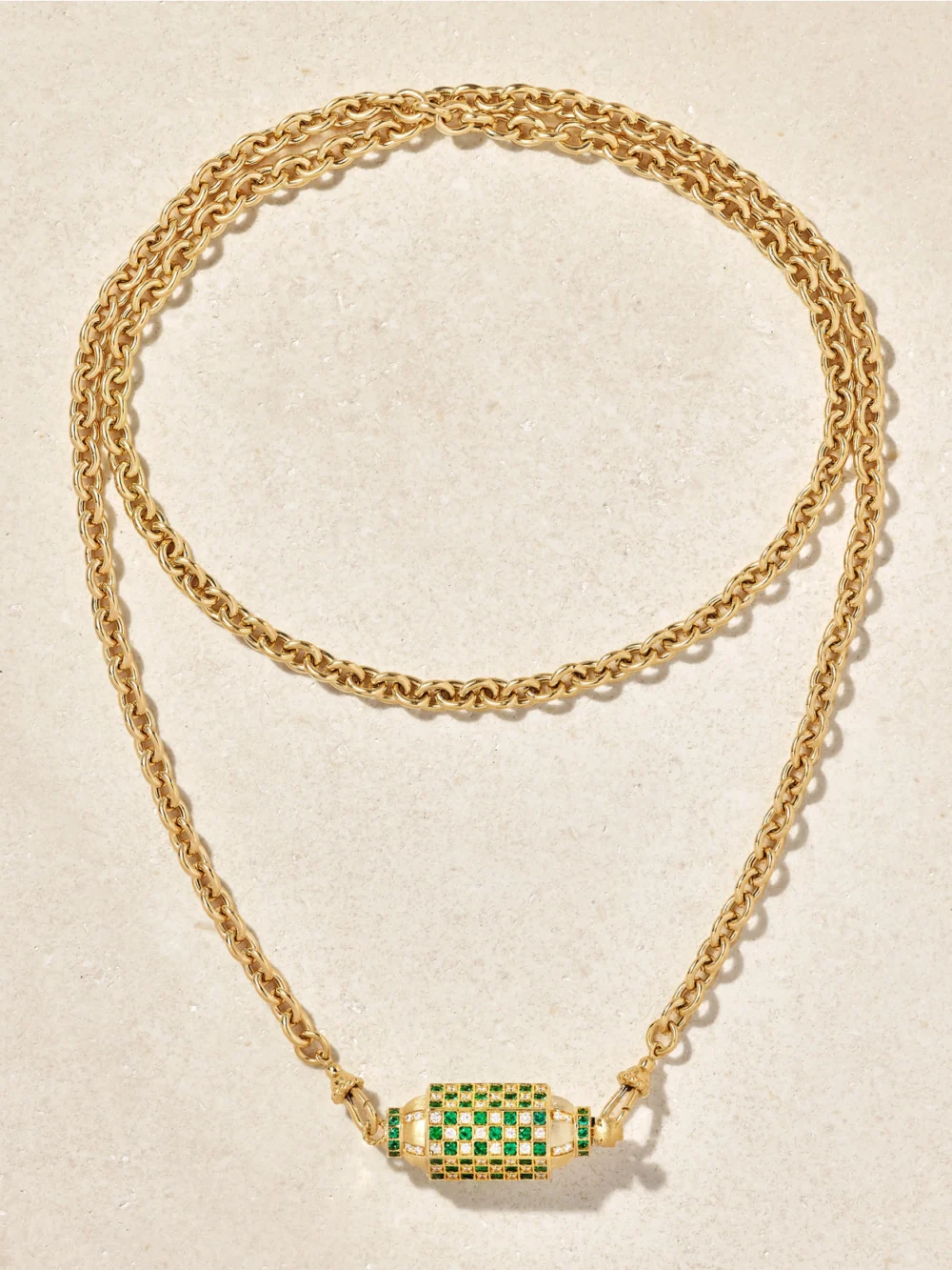 Close-up detail of the Marie Lichtenberg Check Locket 18-karat Gold, Emerald and Diamond Necklace