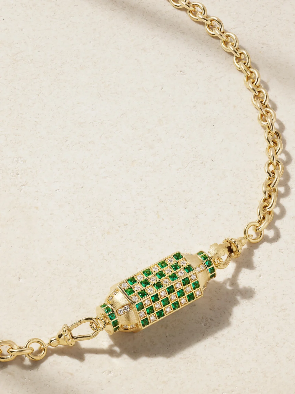 Marie Lichtenberg Check Locket 18-karat Gold, Emerald and Diamond Necklace in green
