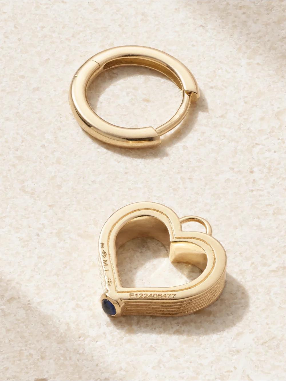 Back view of the Marie Lichtenberg Heart Baby 18-karat Gold Sapphire Single Hoop Earring