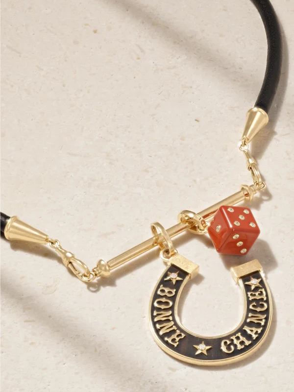 Marie Lichtenberg Lasso, Jasper Dado and Bonne Chance Jumbo 18-karat Gold, Ebony and Diamond Leather Necklace