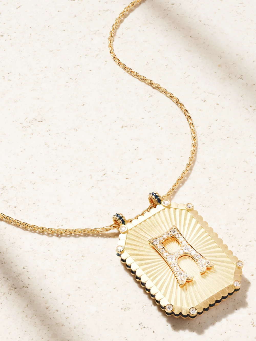 Close-up detail of the Marie Lichtenberg Letter Scapular 18-karat Gold, Enamel and Diamond Necklace