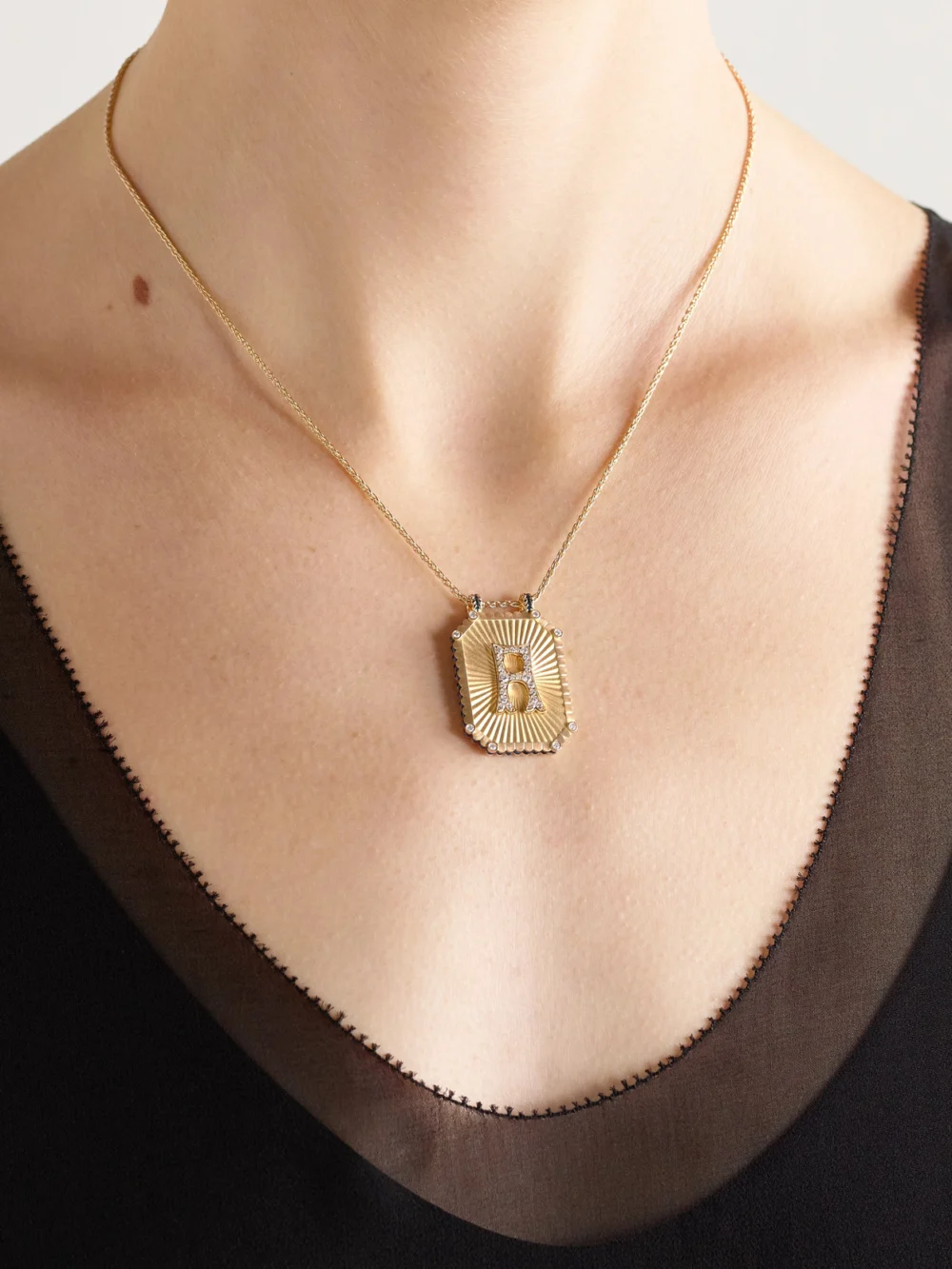 Marie Lichtenberg Letter Scapular 18-karat Gold, Enamel and Diamond Necklace, styled view