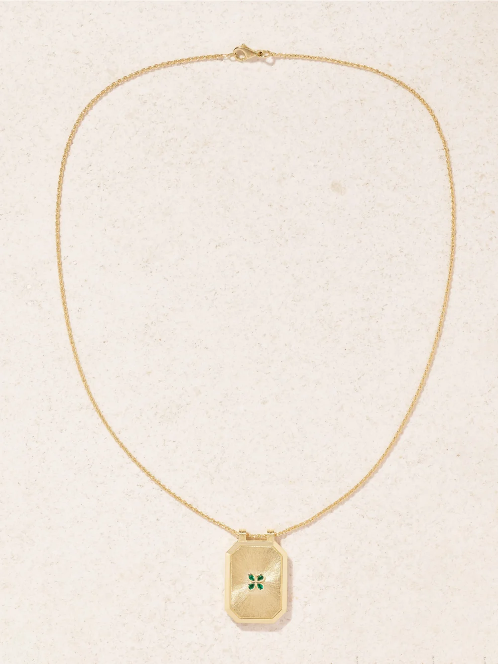 Close-up detail of the Marie Lichtenberg Luck Scapular 18-karat Gold Emerald Necklace