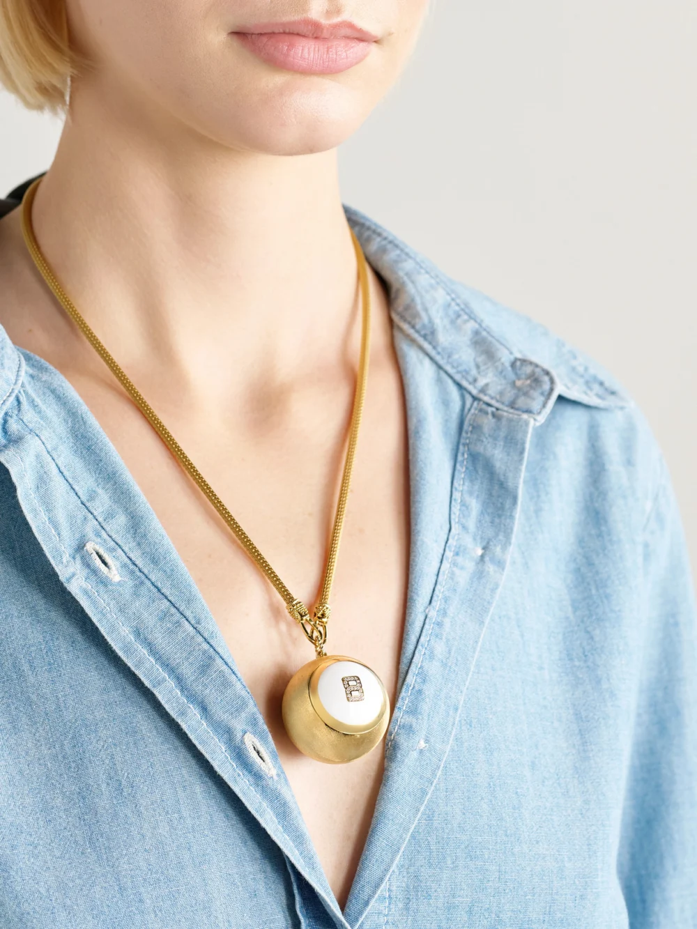 Marie Lichtenberg Magic Ball Indian 18-karat Gold, Enamel and Diamond Necklace, styled view