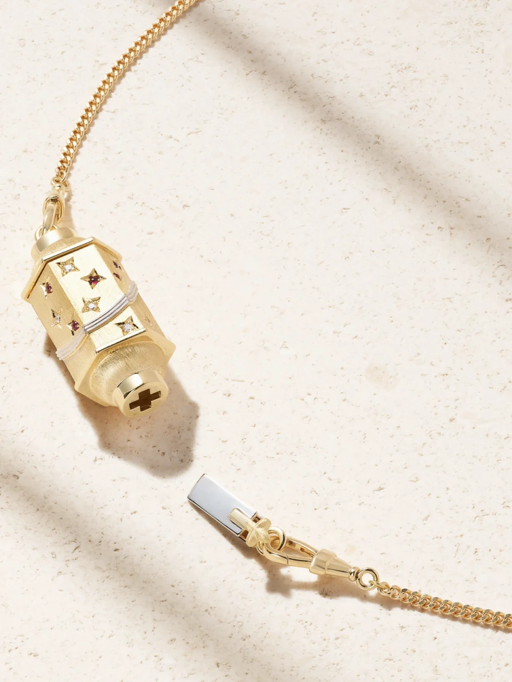Back view of the Marie Lichtenberg Milky Way Gourmette 18-karat Gold, Rhodium, Ruby and Diamond Necklace