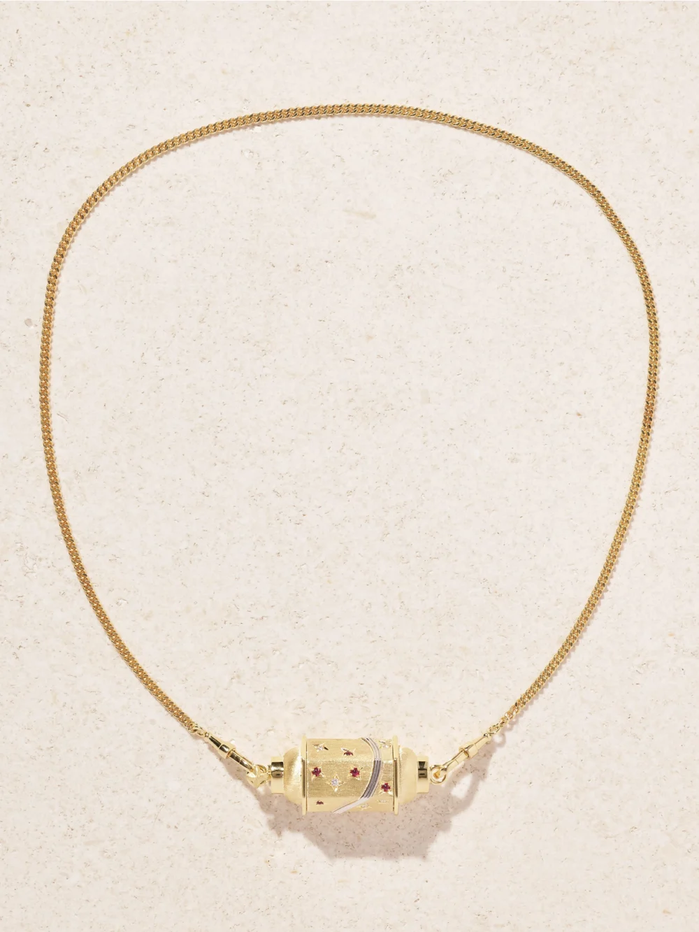Close-up detail of the Marie Lichtenberg Milky Way Gourmette 18-karat Gold, Rhodium, Ruby and Diamond Necklace