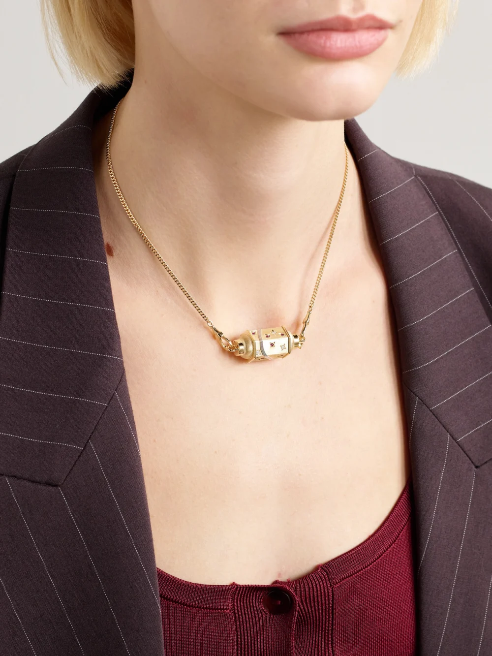 Marie Lichtenberg Milky Way Gourmette 18-karat Gold, Rhodium, Ruby and Diamond Necklace, styled view