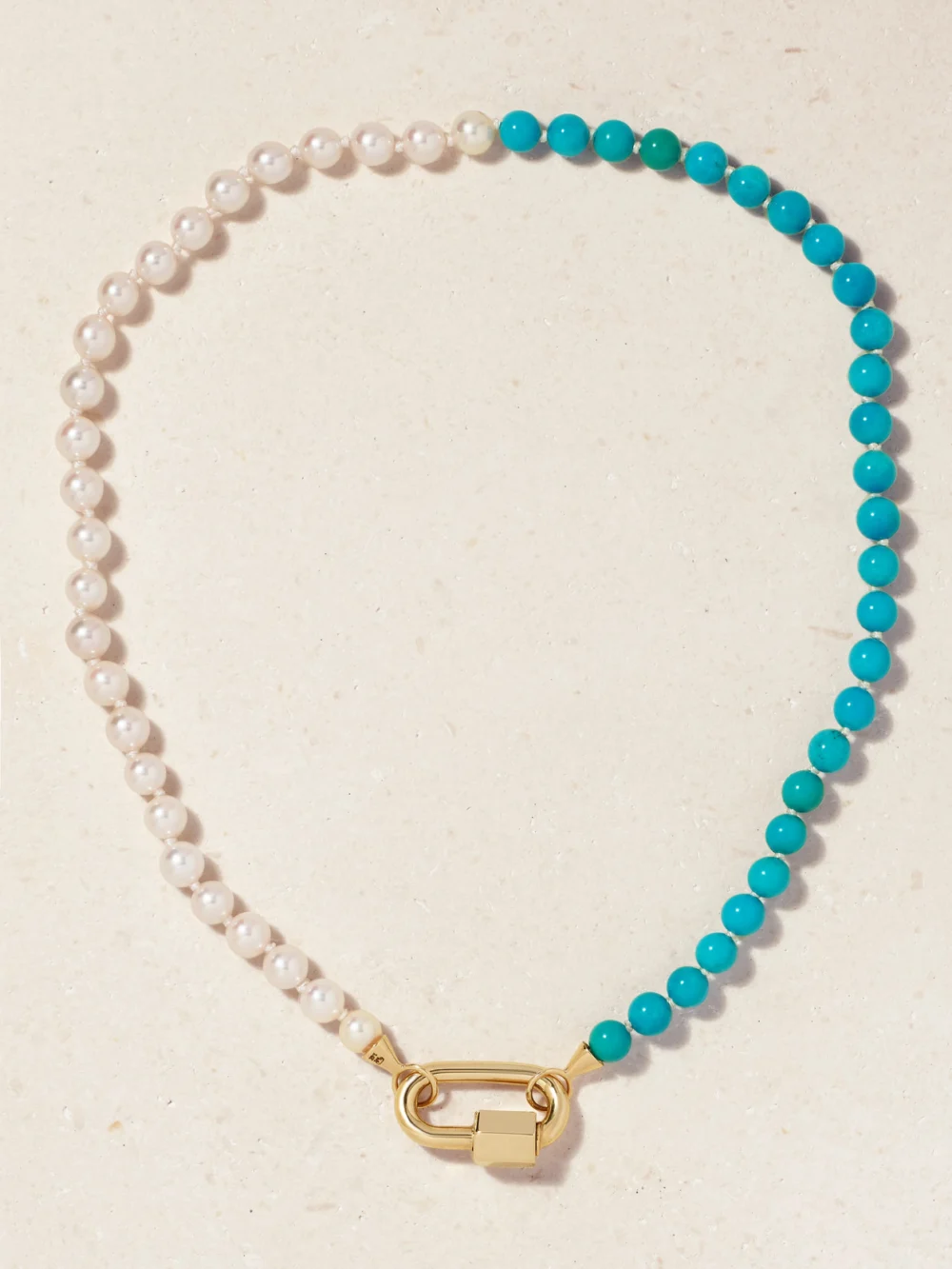 Close-up detail of the Marla Aaron 14-karat Gold, Turquoise and Pearl Necklace