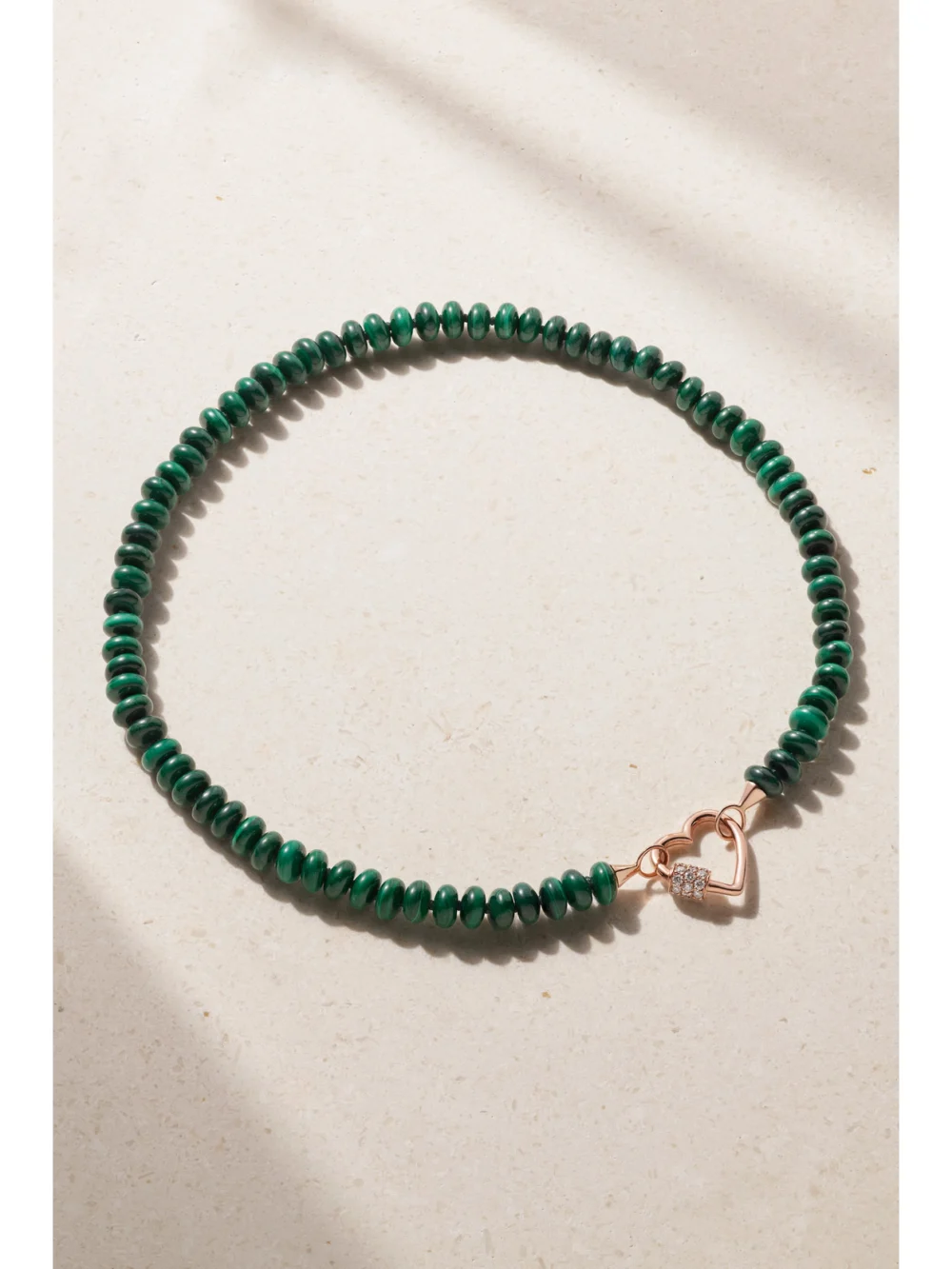 Close-up detail of the Marla Aaron 14-karat Rose Gold, Malachite and Diamond Necklace