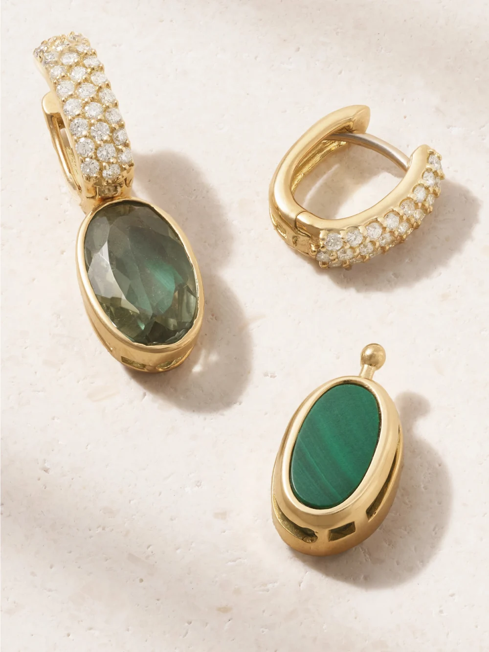 Back view of the Marla Aaron 18-karat Gold Diamond, Prasiolite and Malachite Earrings