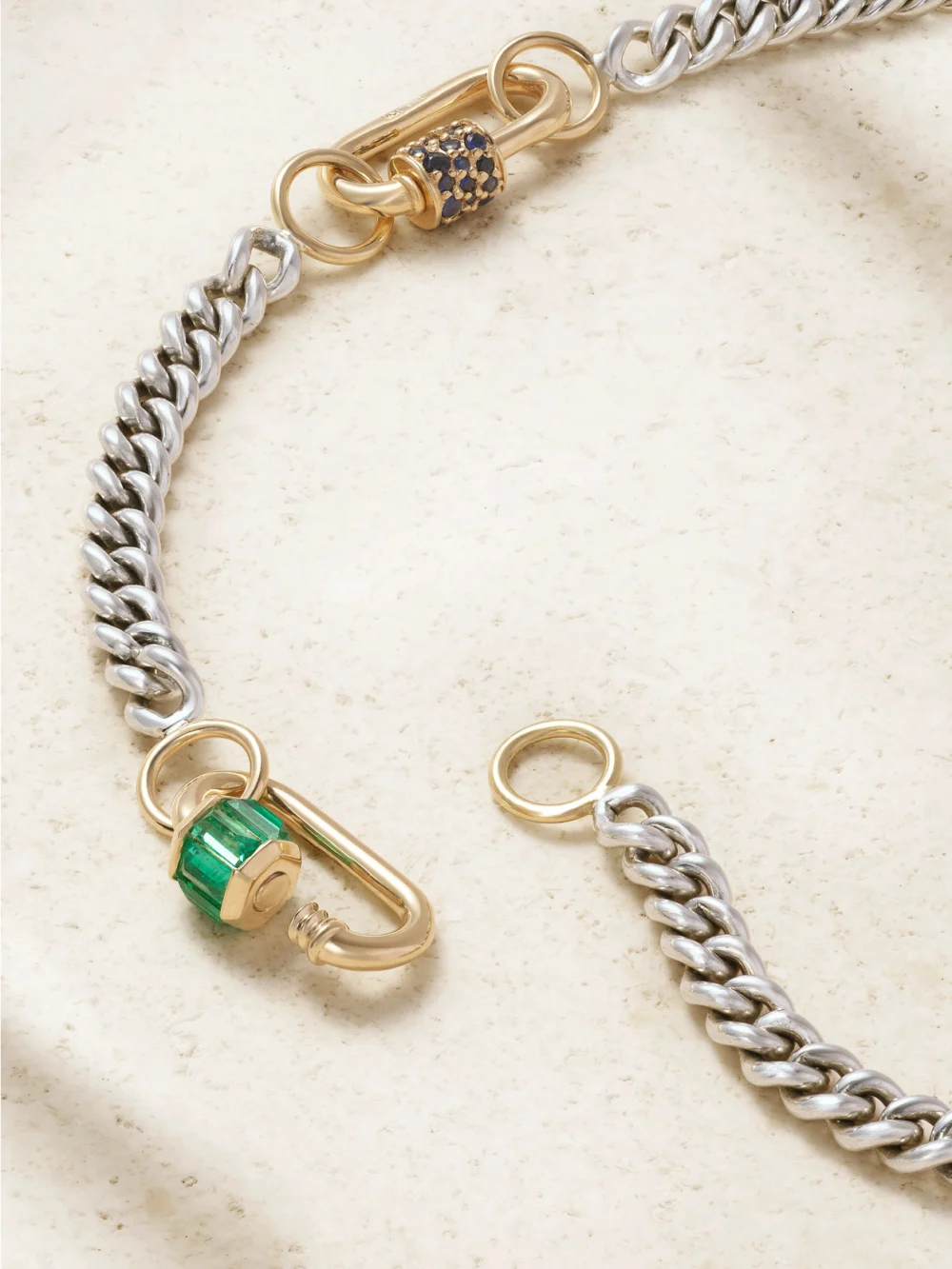 Back view of the Marla Aaron Babylock Sterling Silver and 14-karat Gold, Emerald and Sapphire Necklace