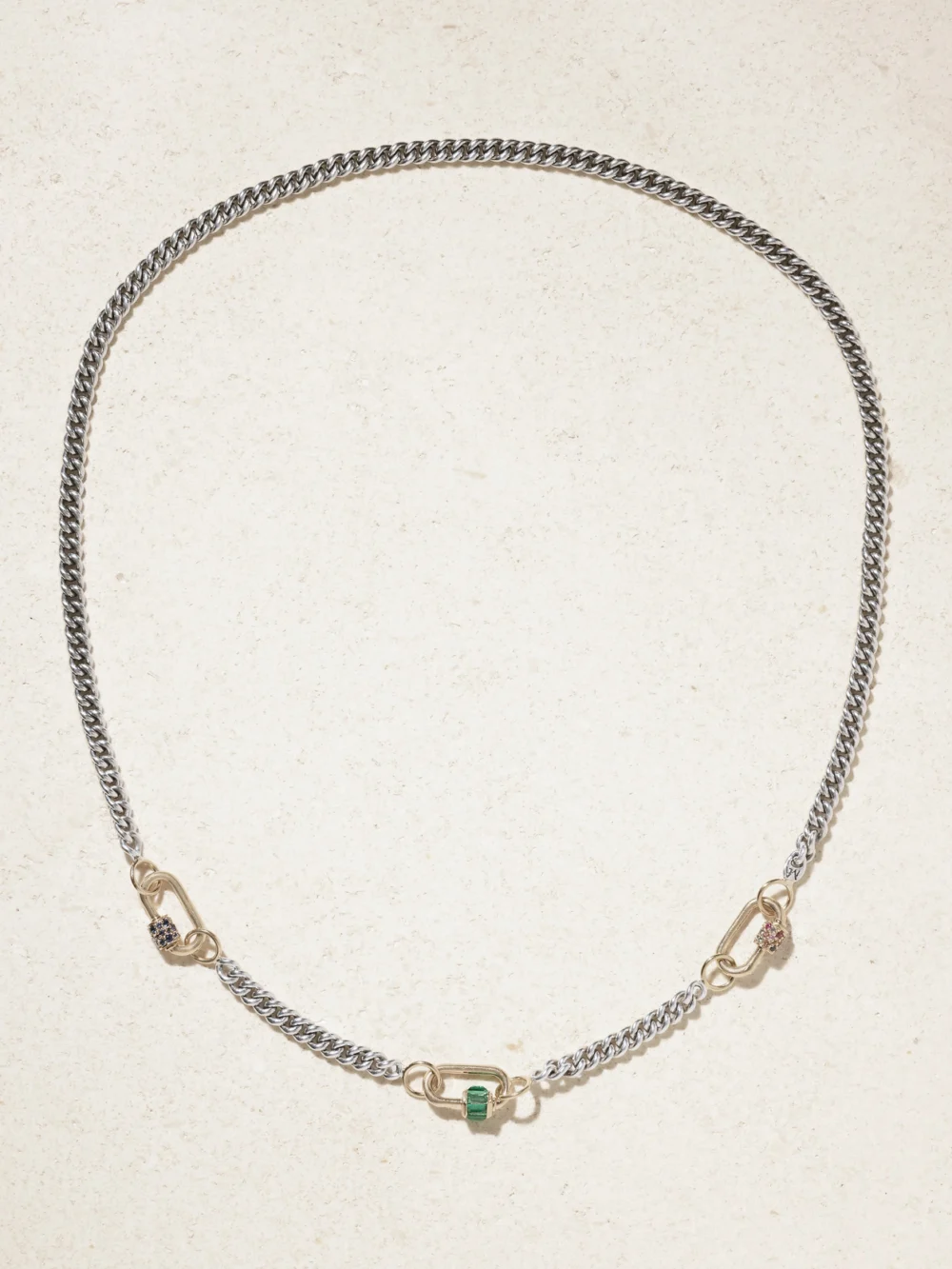 Close-up detail of the Marla Aaron Babylock Sterling Silver and 14-karat Gold, Emerald and Sapphire Necklace