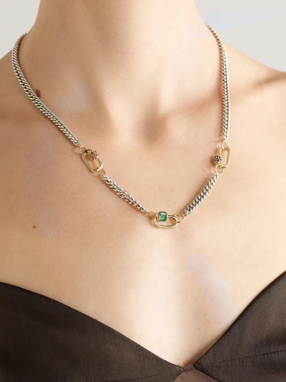 Marla Aaron Babylock Sterling Silver and 14-karat Gold, Emerald and Sapphire Necklace, styled view