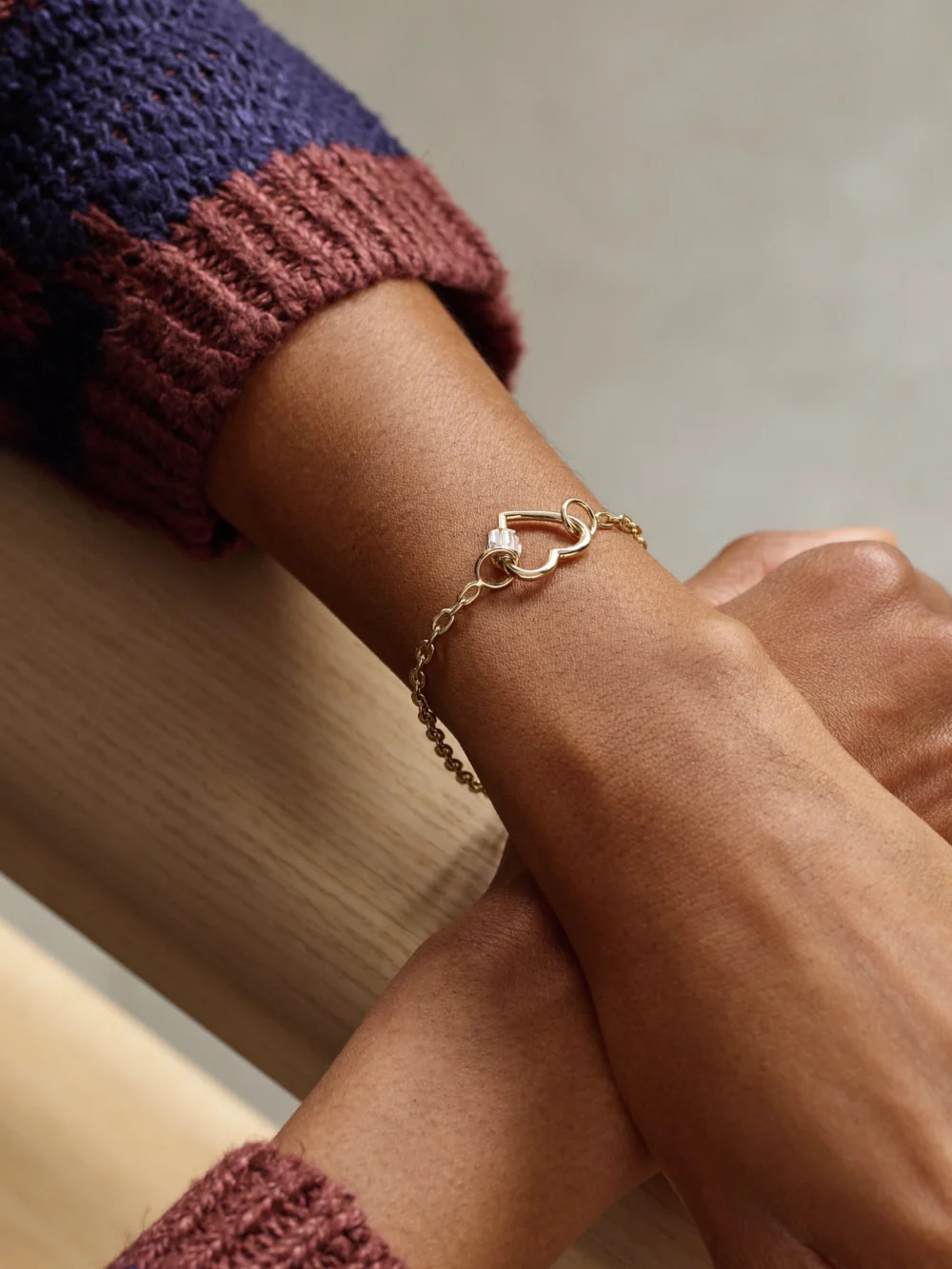 Marla Aaron Baguette Baby Heart Lock + Pulley Chain 14-karat Gold Diamond Bracelet, styled view