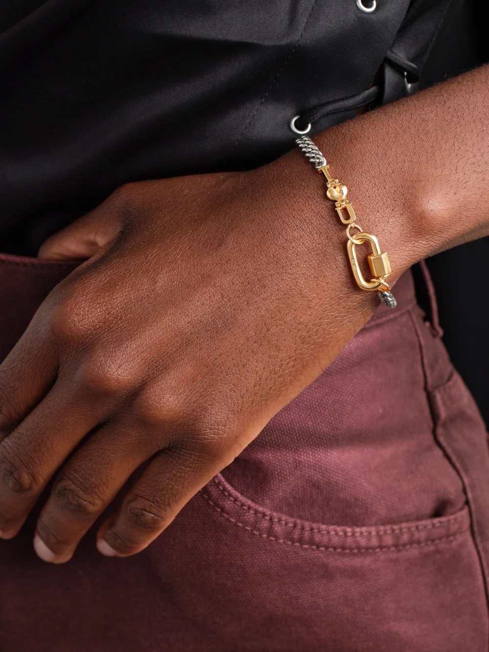 Marla Aaron Curb Talking + Chubby Babylock Silver and 14-karat Yellow Gold Bracelet, styled view