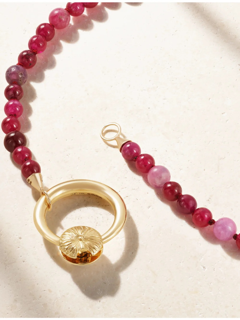 Back view of the Marla Aaron Flower Musgrave Lock 14-karat Gold, Ruby and Spinel Necklace