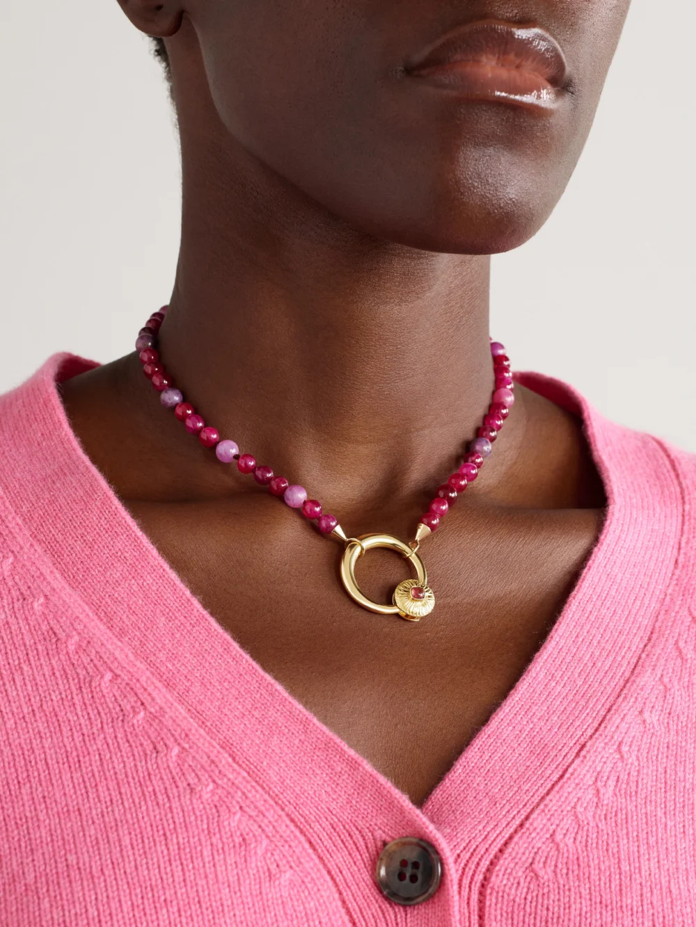 Marla Aaron Flower Musgrave Lock 14-karat Gold, Ruby and Spinel Necklace, styled view
